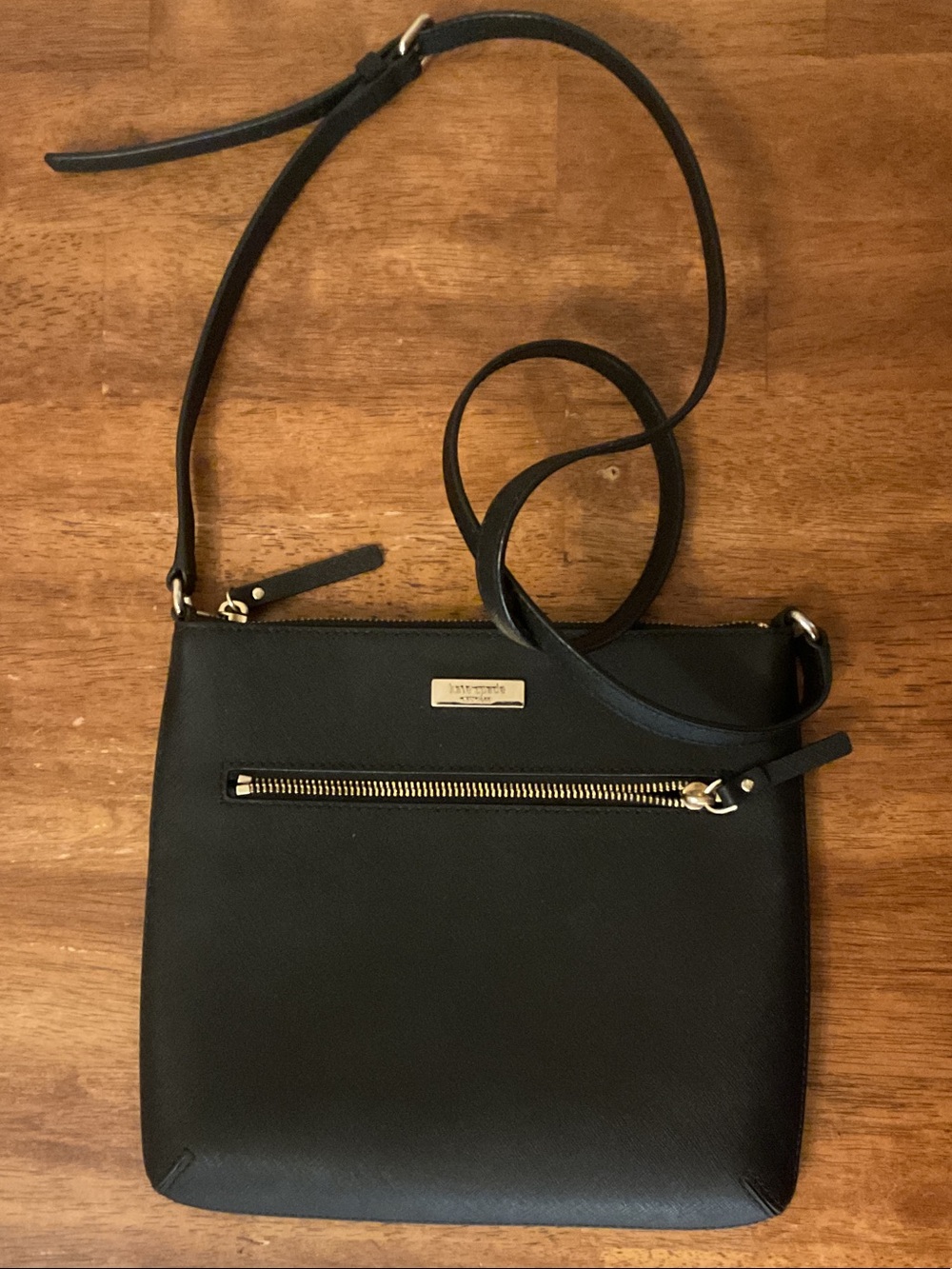 kate spade Black Leather Crossbody with Gold-Tone Zip Detail